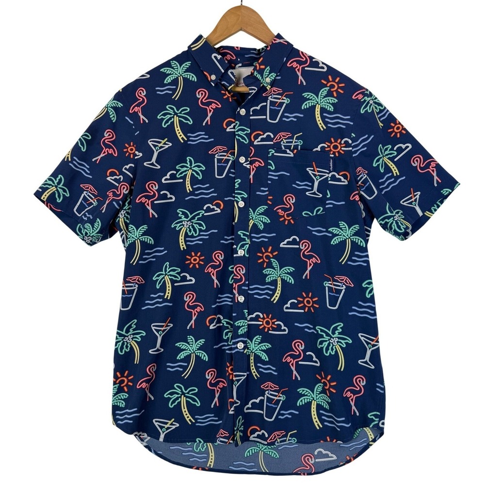 Chubbies Performance Neon Lights Short Sleeve Navy Button Down Casual Shirt Sz L